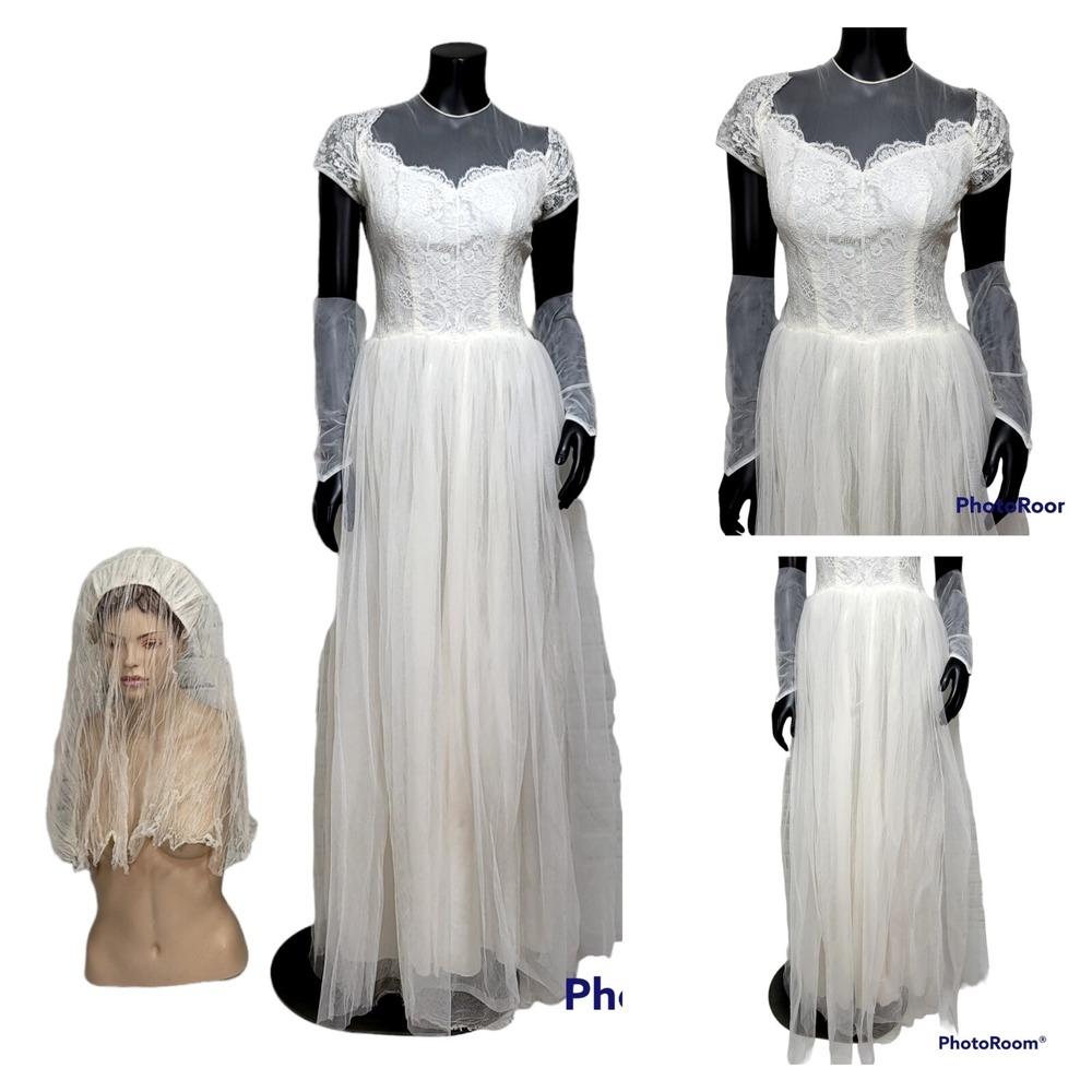 Vintage 1950s‎ Marie Womens XS White Wedding Dress Lace Tulle Bridal Gloves Veil